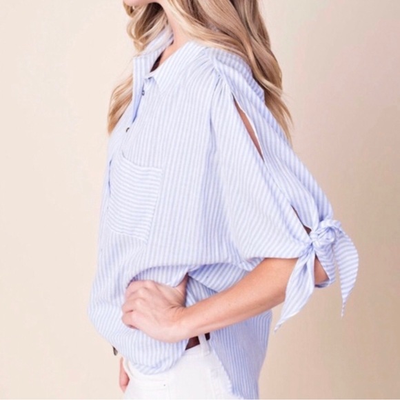 NWT Pin Striped Button Front Shirt Size Small Open Tie Sleeve Collared Pocket - Picture 14 of 16